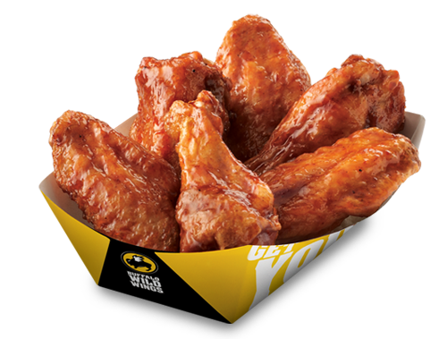 A small basket of B-Dubs bone-in chicken wings spun in BBQ sauce.