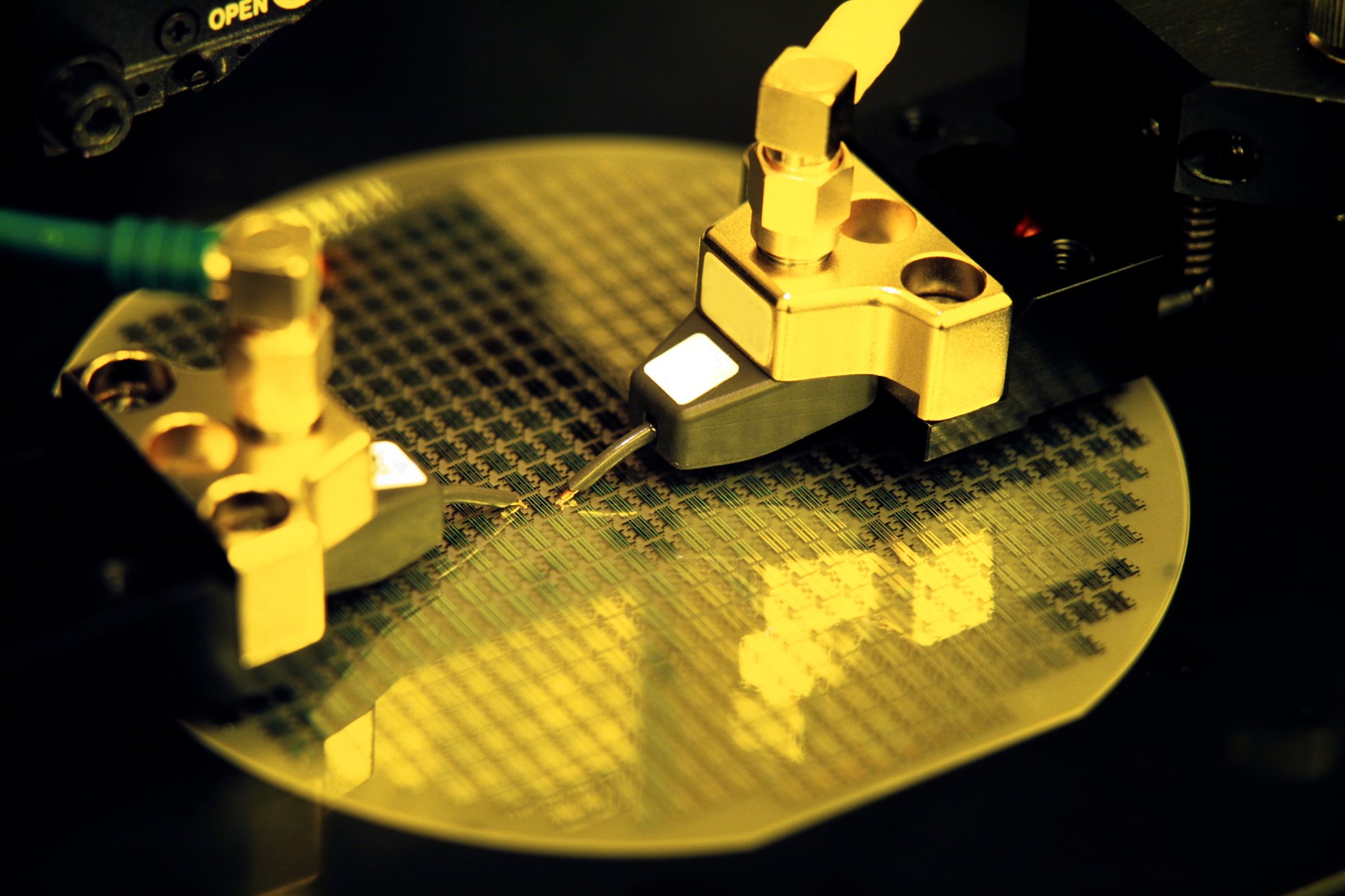 A silicon wafer in the process of creating semiconductor chips.