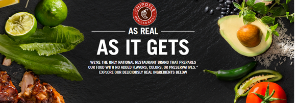 The Chipotle logo and slogan "As Real As It Gets" surrounded by fresh ingredients like avocados and limes.