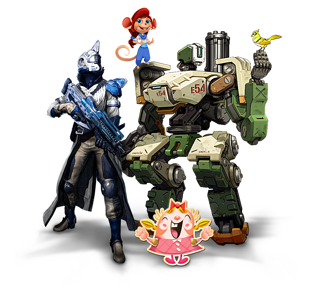 Four characters from four different Activision Blizzard series (Overwatch, Destiny, Candy Crush, and Hearthstone) standing together.