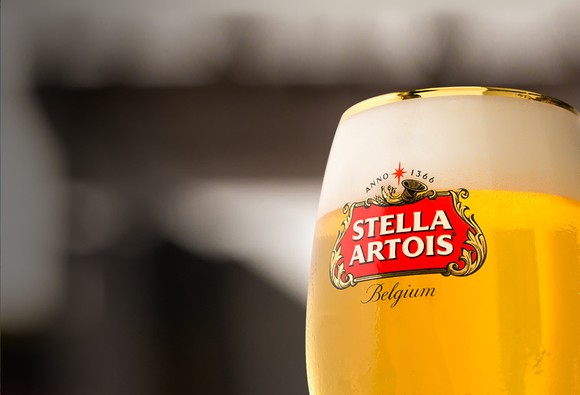 Full beer glass with Stella Artois Logo