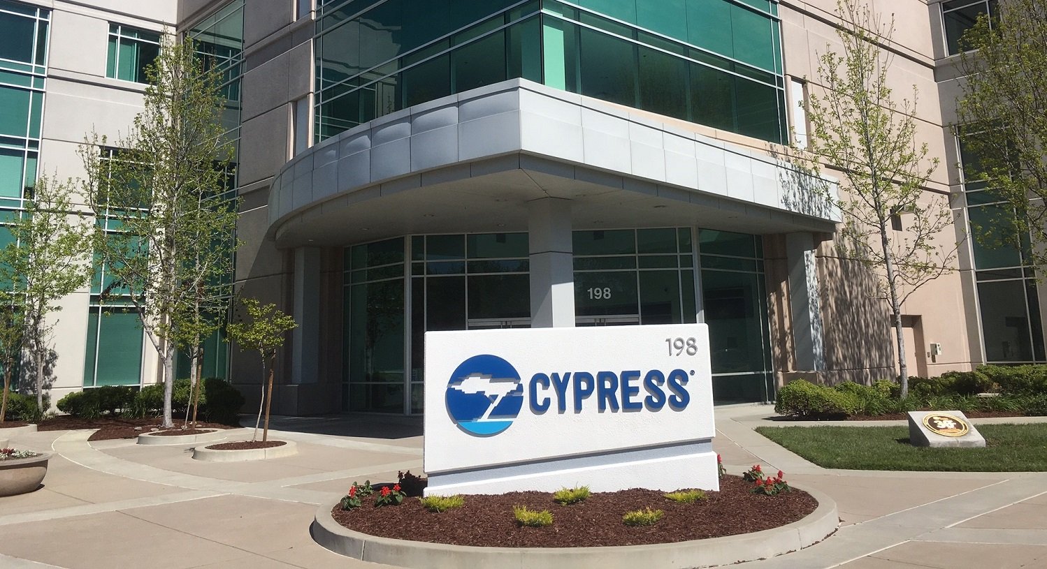 Cypress sign in front of a Cypress Semiconductor office building