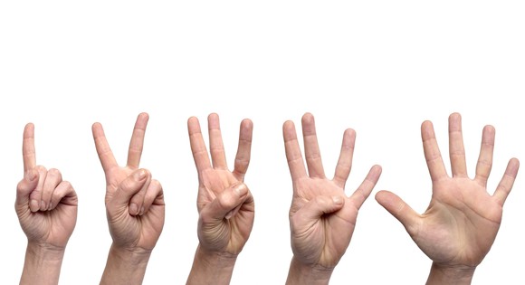 Hands holding up one, two, three, four, and five fingers