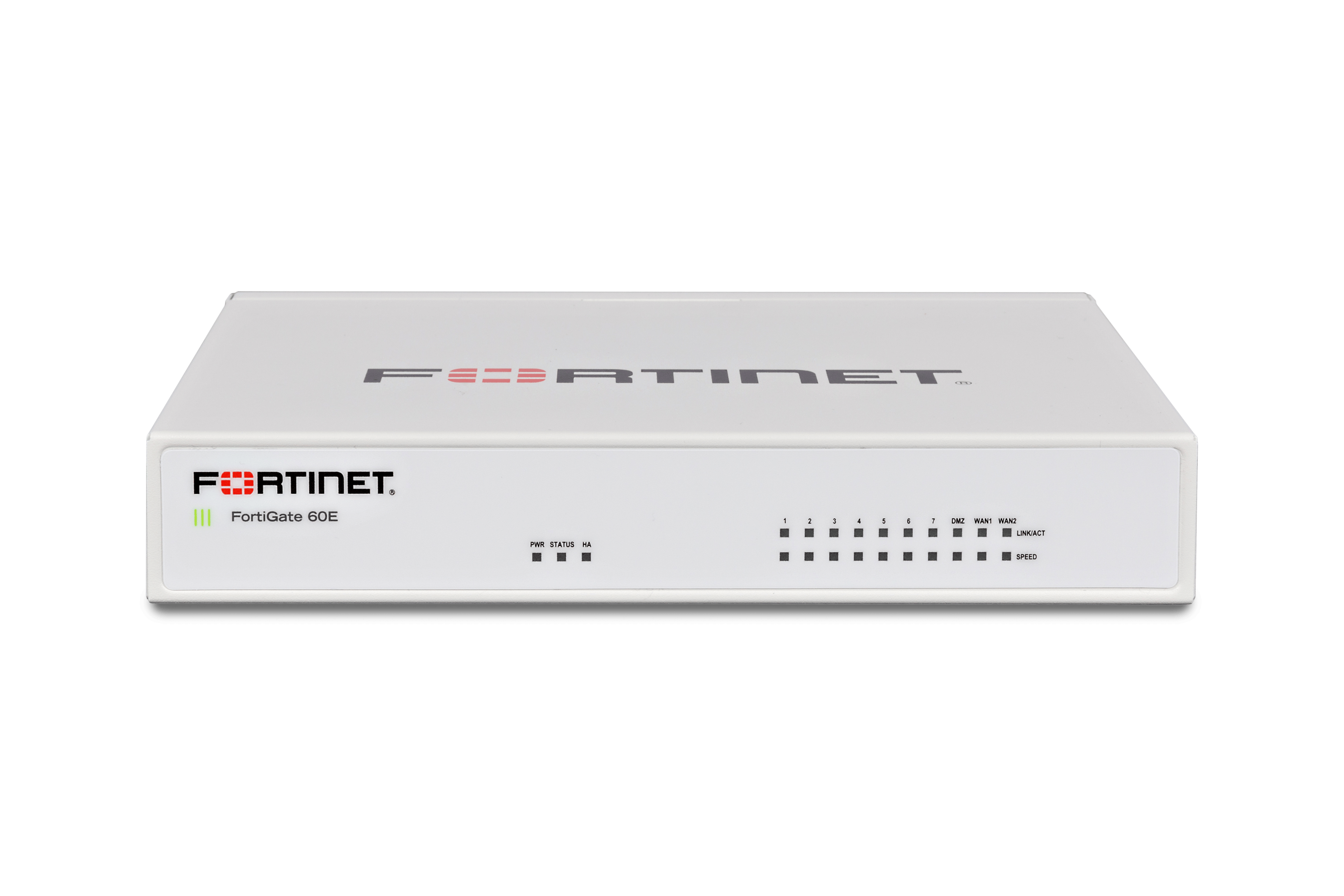 A front view of Fortinet's FortiGate 60E firewall.
