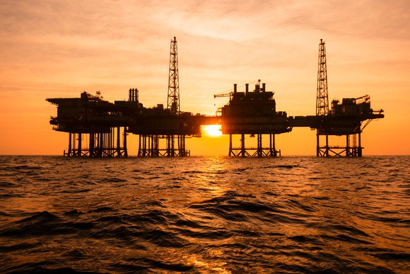Oil platform at sunset