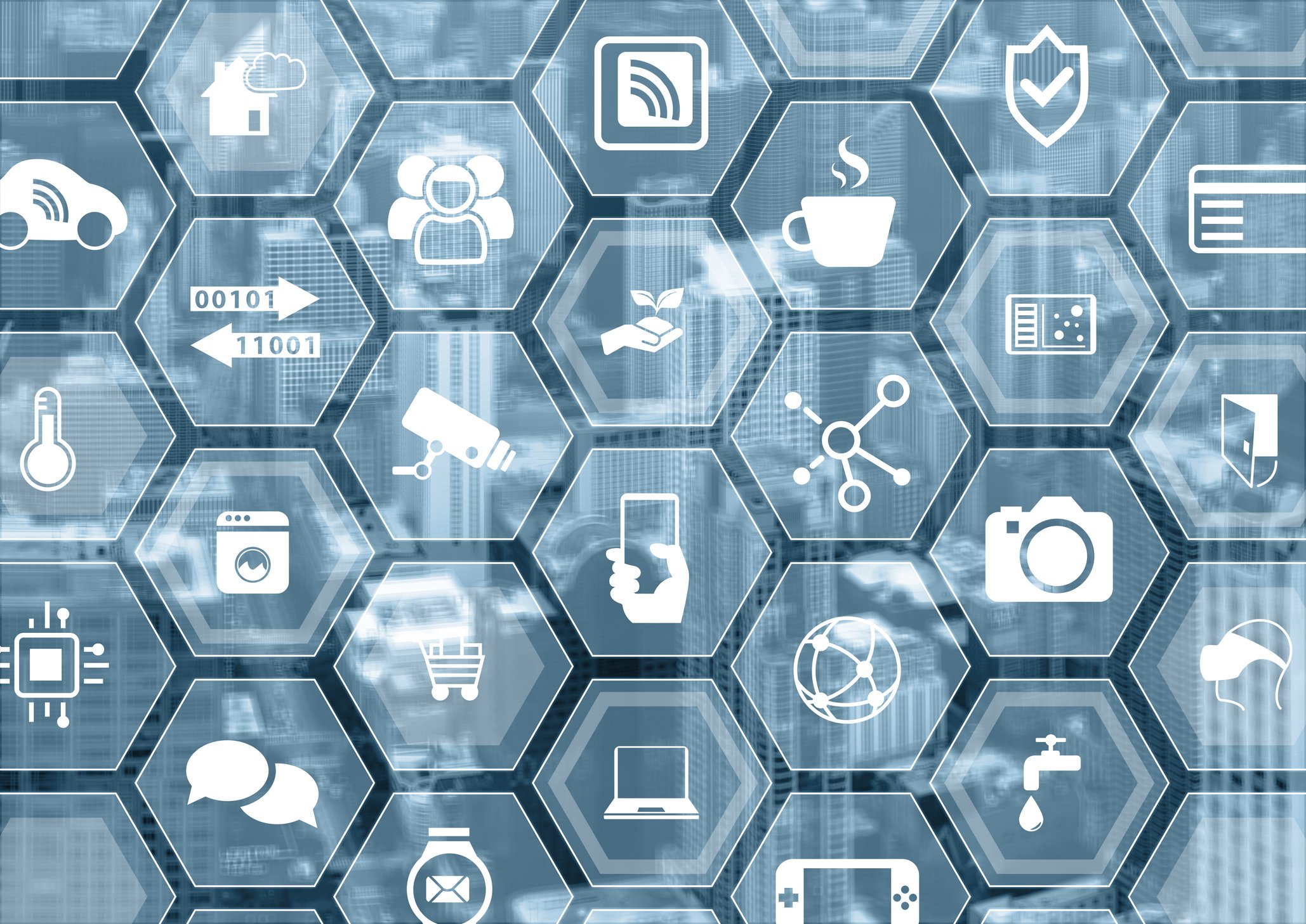 Icons representing different components of the Internet of Things drawn in white on a bluish background..