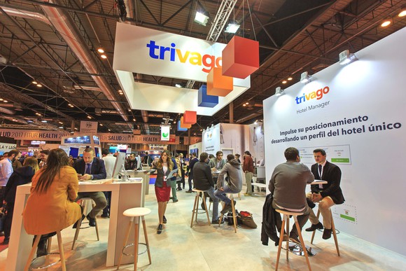 A Trivago booth at a travel conference in Spain.