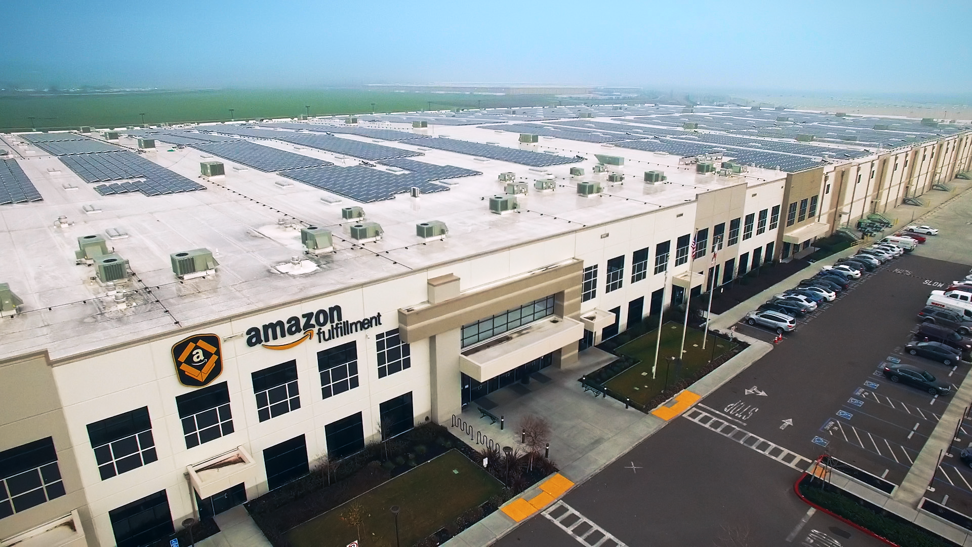 An aerial view of an Amazon fulfillment center.
