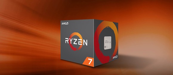 Box containing AMD Ryzen 7 chip, against an orange background that matches the color scheme of the box.