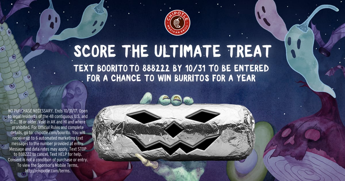 An ad for Chipotle's Booritos event with a foil-wrapped burrito made out to look like a carved pumpkin jack-o-lantern.