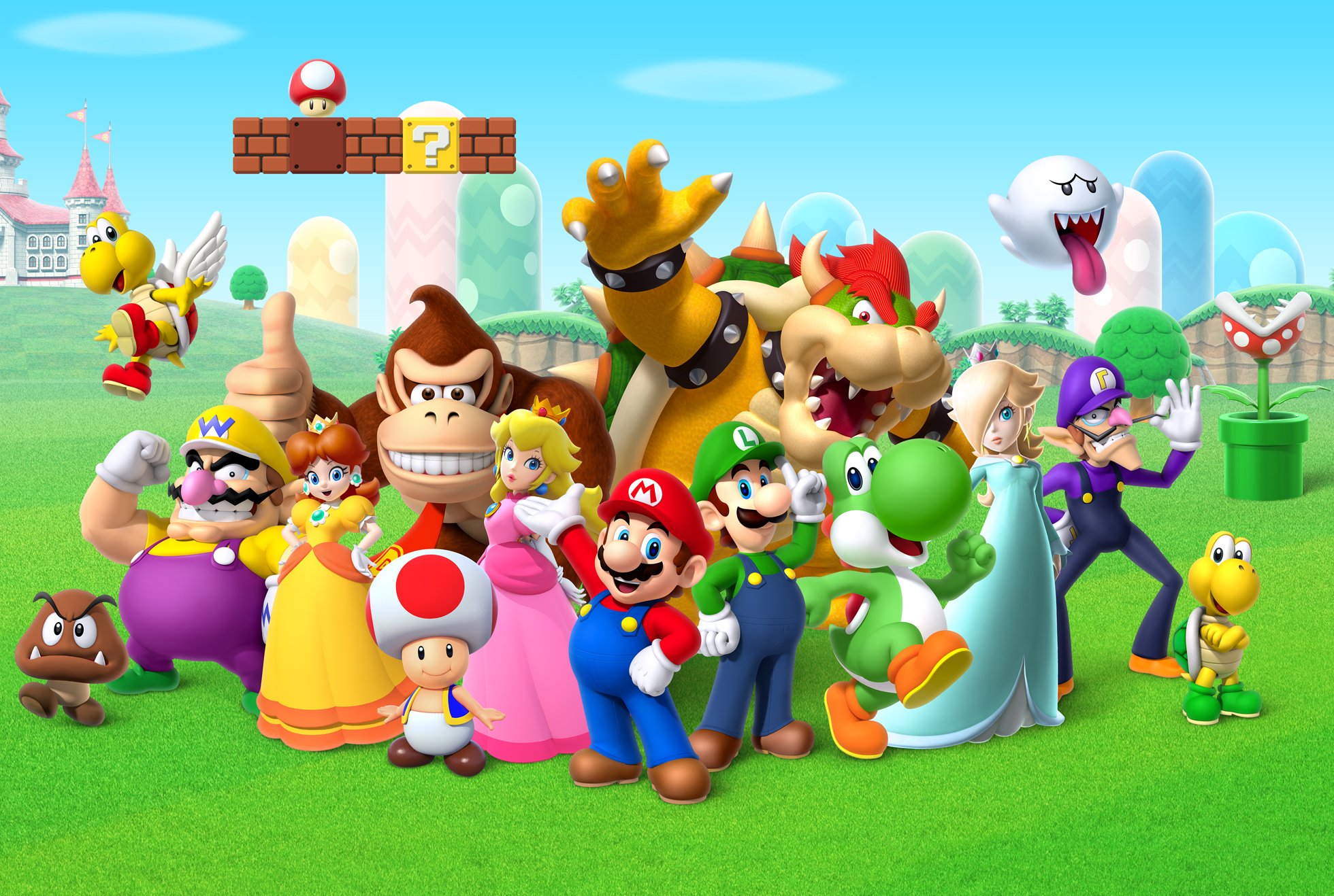 Mario, Luigi, Peach, and other characters from Nintendo's Mario universe standing together outside.