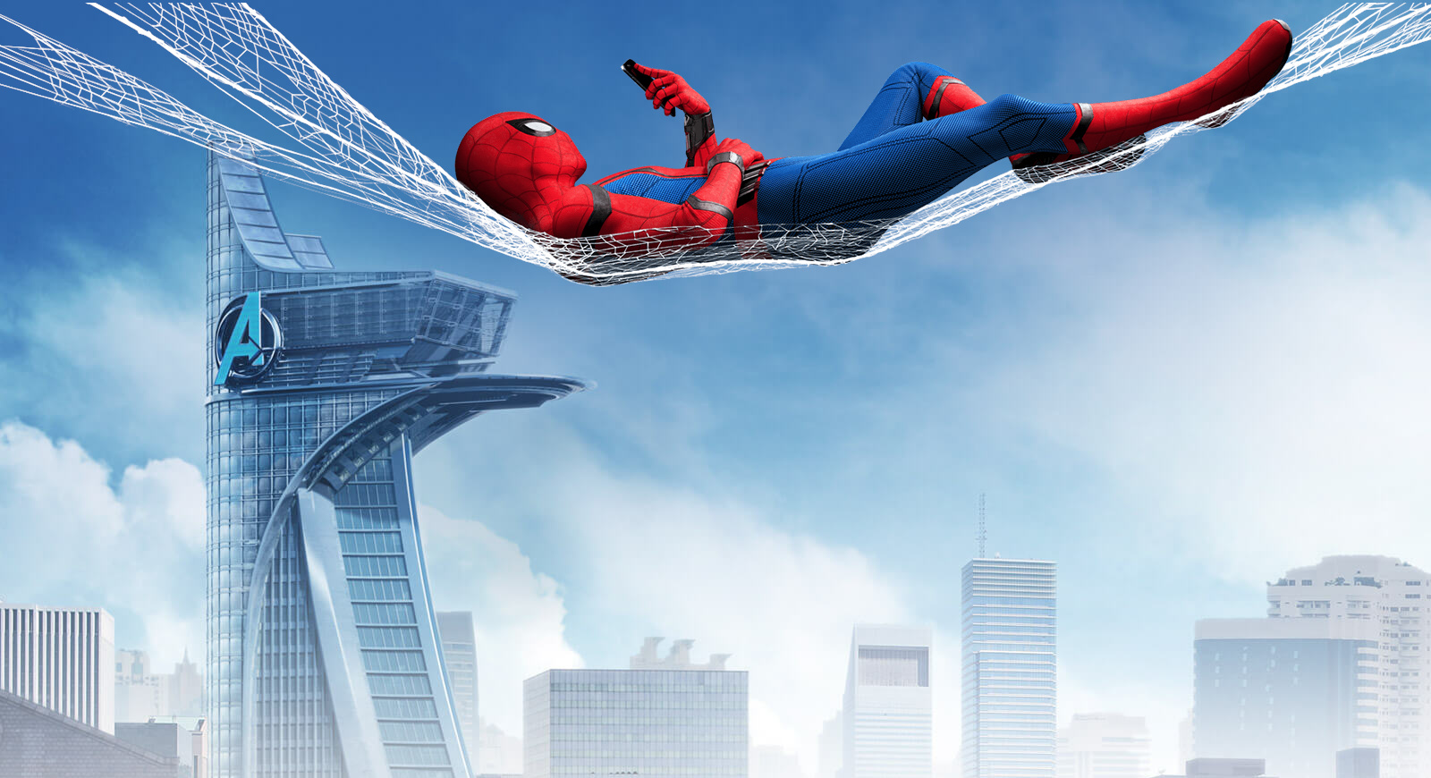 Spider-man lounging in a web, high above a misty cityscape showing Marvel's version of New York City.