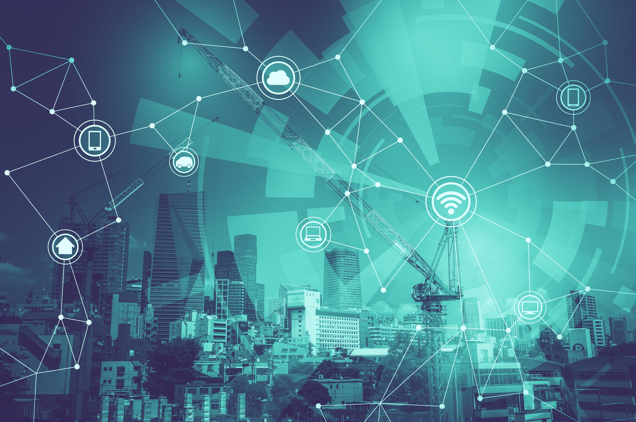 Drawings of icons representing connectivity overlaying a city skyline.