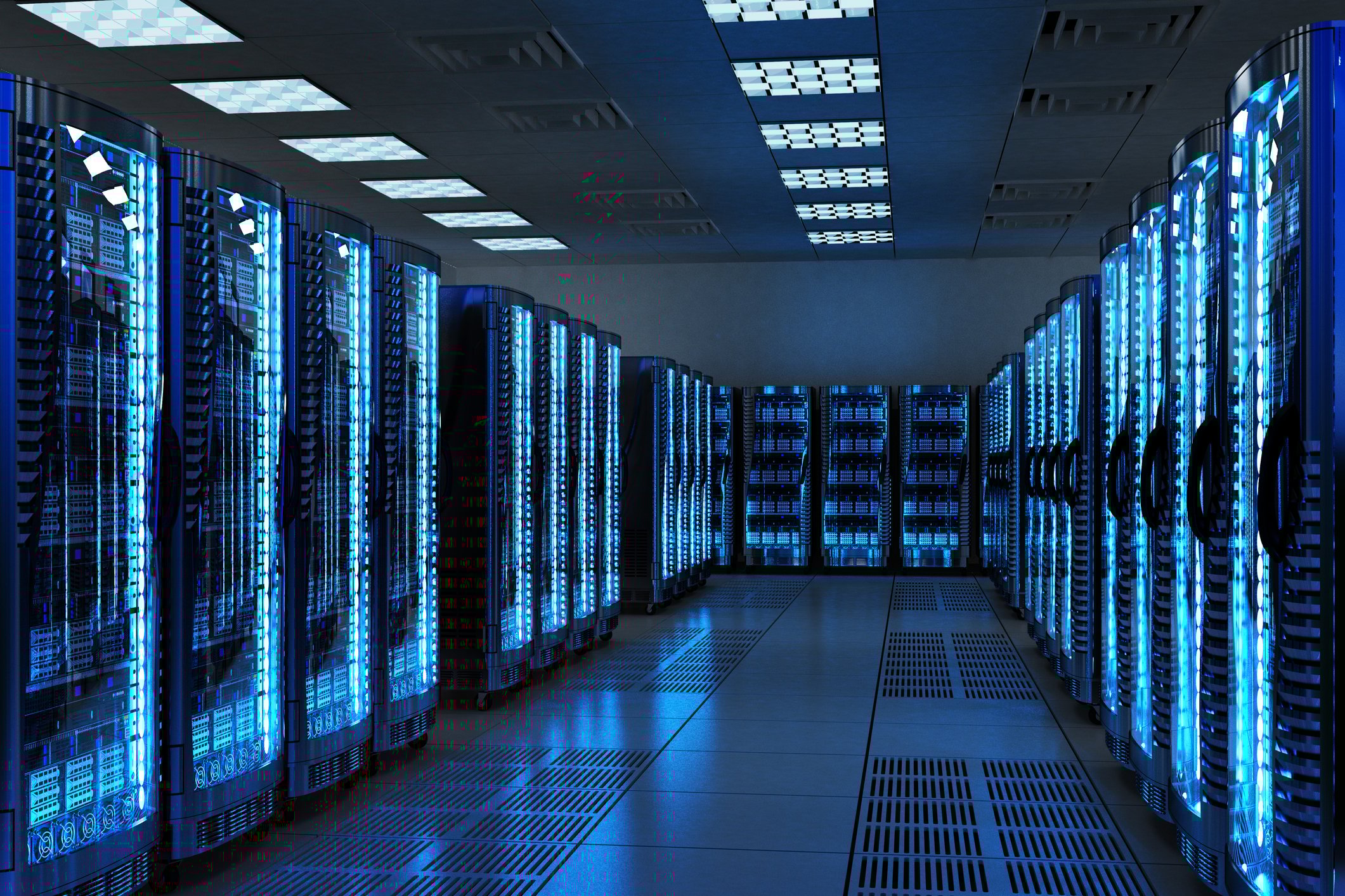 Interior view of a data center showing severs.