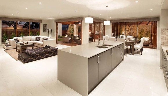 A living area that includes a kitchen island.