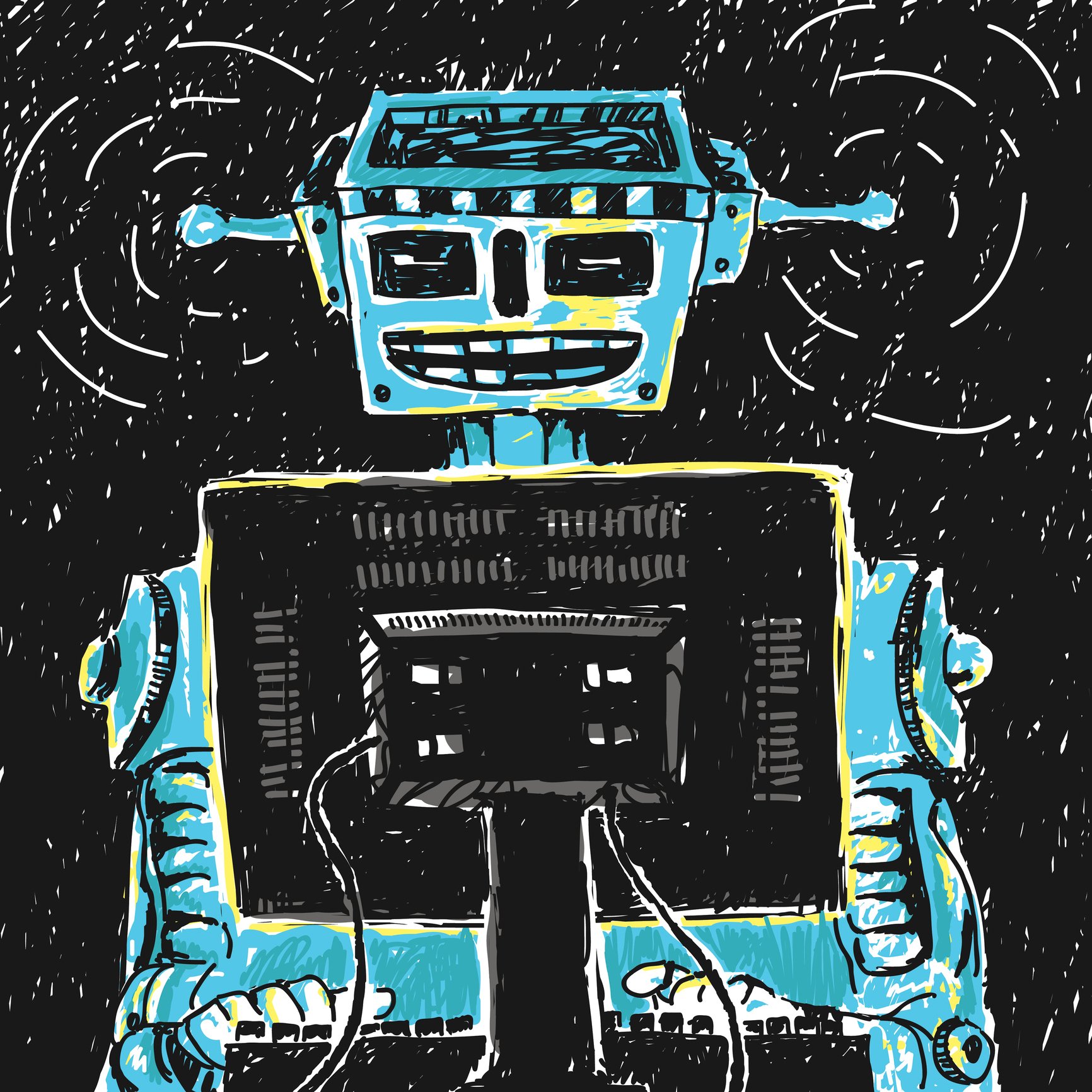 Graphic of robot typing at a computer.