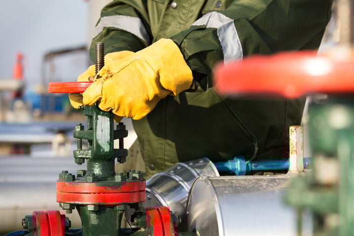Gloved hands on a pipeline valve.