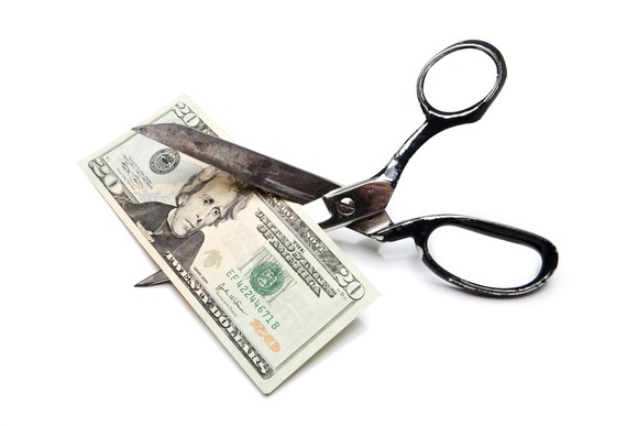 a pair of scissors cutting a 20 dollar bill
