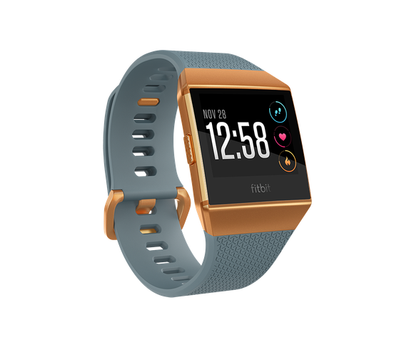 The new Fitbit Ionic smartwatch, pictured in blue and burnt orange.
