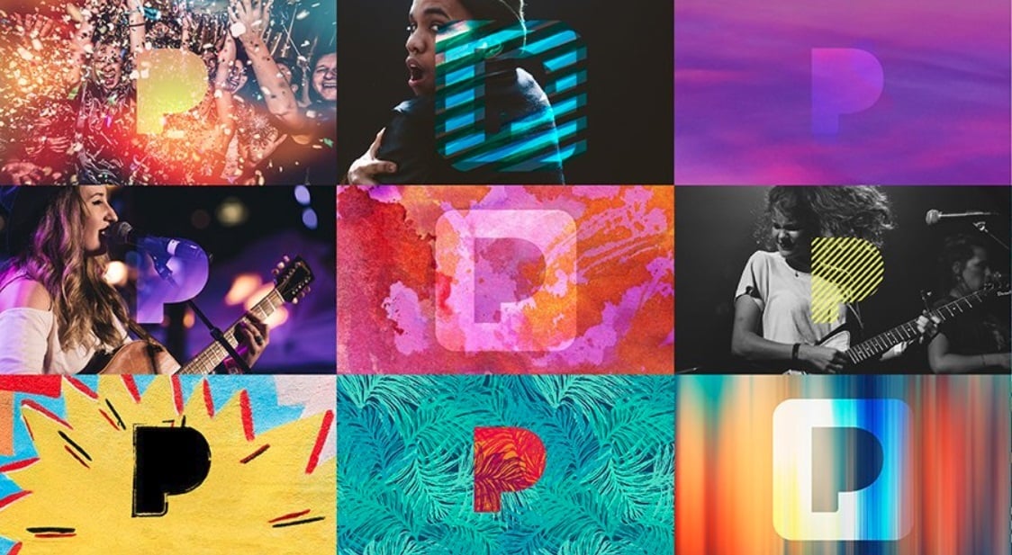 Collage of Pandora logos with various colorful backgrounds and musicians singing
