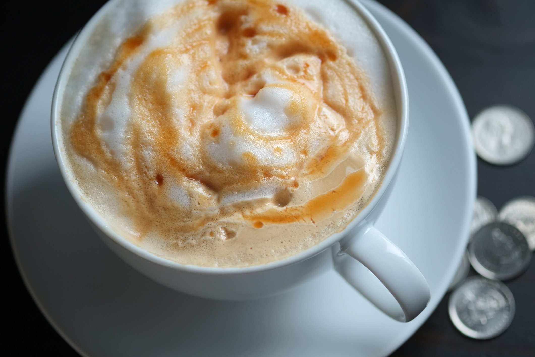 A cup of cappuccino and a handful of small coins