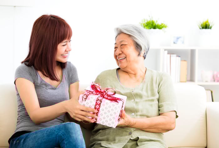 A woman gives a present to her mother.