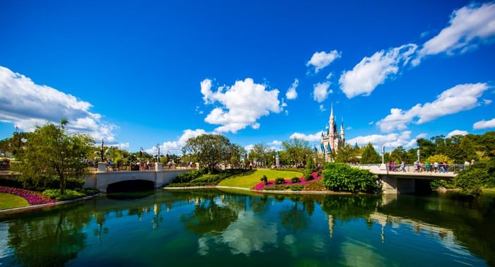 A castle surrounded by water and trees in a Disney park.