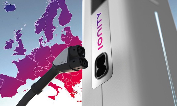 An Ionity electric-vehicle charger is shown with a map of Europe.