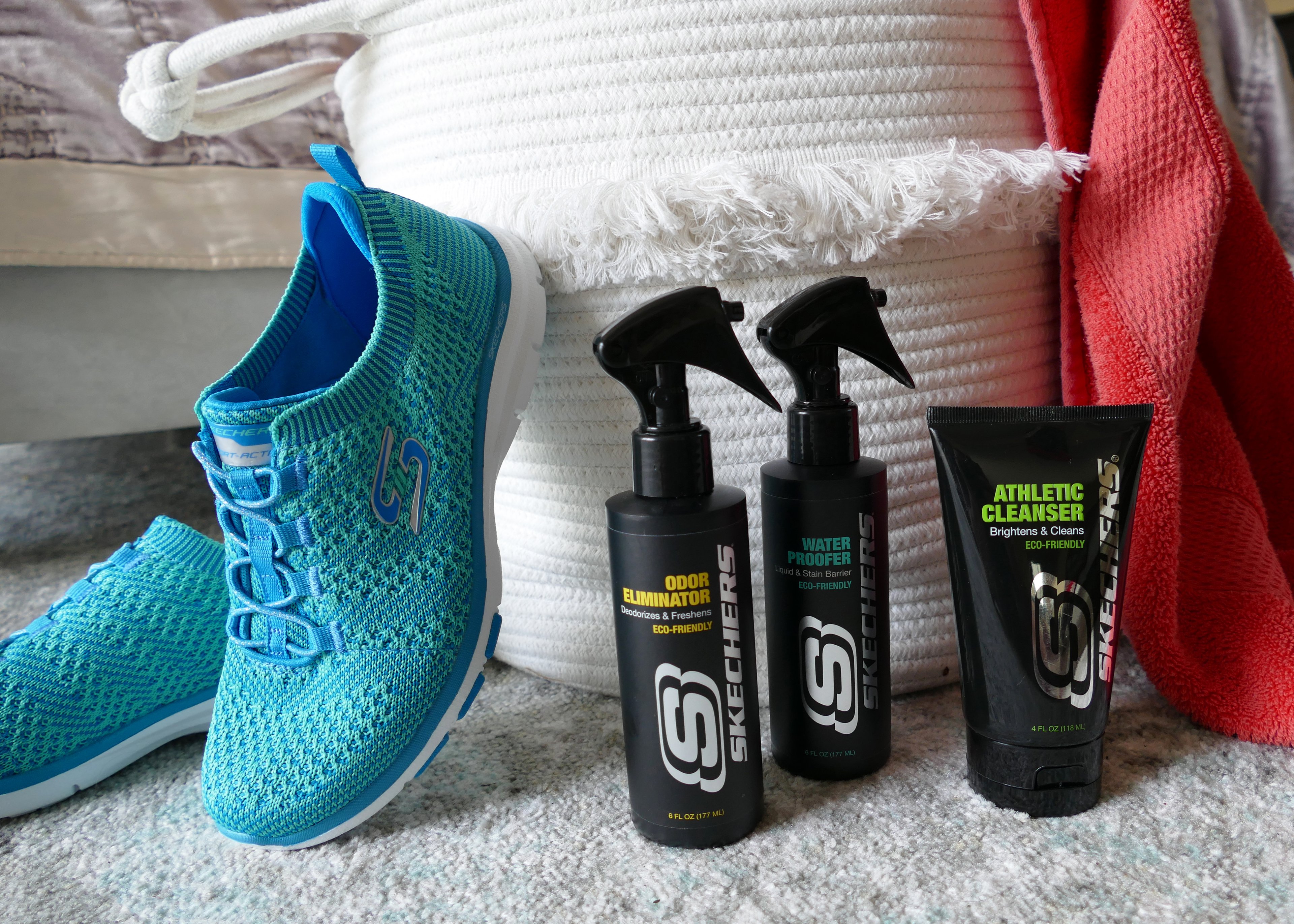 Skechers sneakers and cleaning products