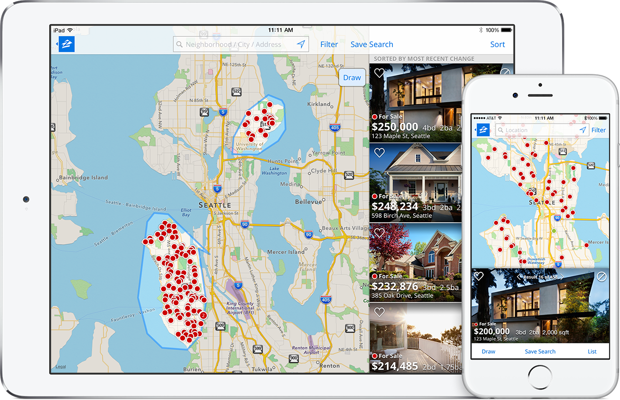 Zillow app displaying maps and homes on a tablet and smartphone