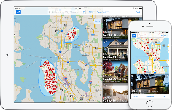 Zillow app displaying maps and homes on a tablet and smartphone