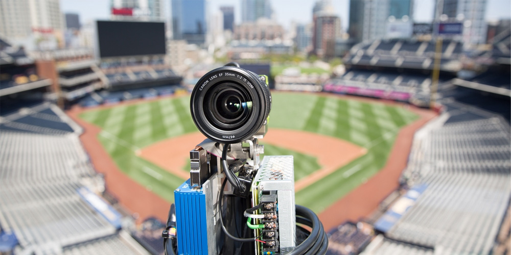 Close-up of a camera inside a baseball stadium used to film Intel's 3D technology.