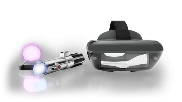 The Jedi Challenge headset, lightsaber, and floor beacon.