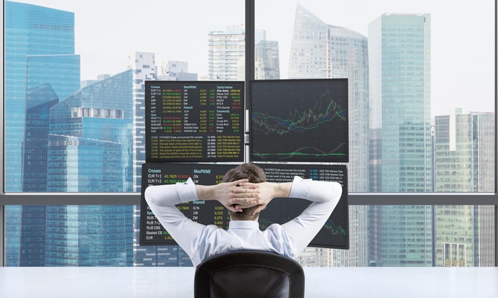 Person sitting at a desk with a four-monitor setup, looking at stock charts and financial information in front of a window looking at a big-city skyline.