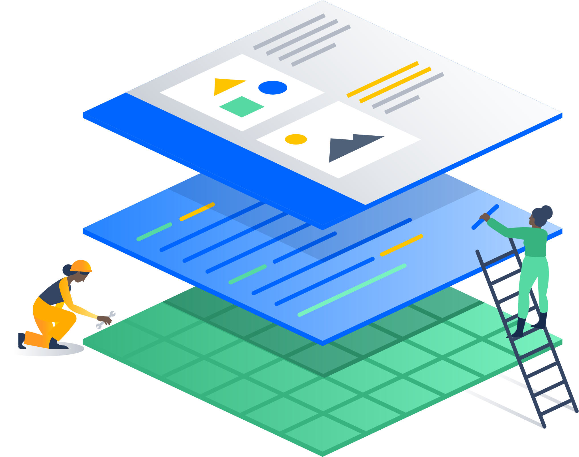 An illustration of two people working on three stacks of data.