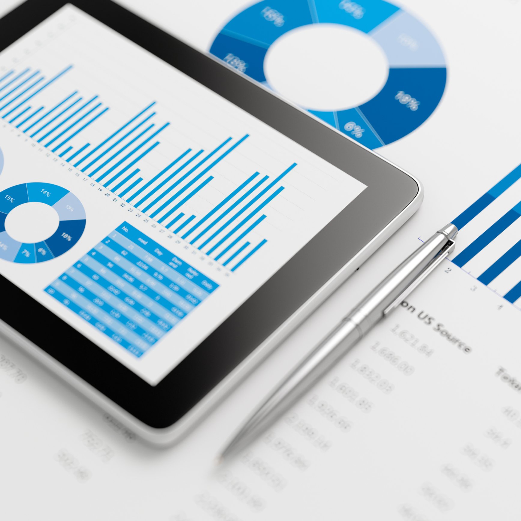 A tablet computer showing charts and spreadsheets.