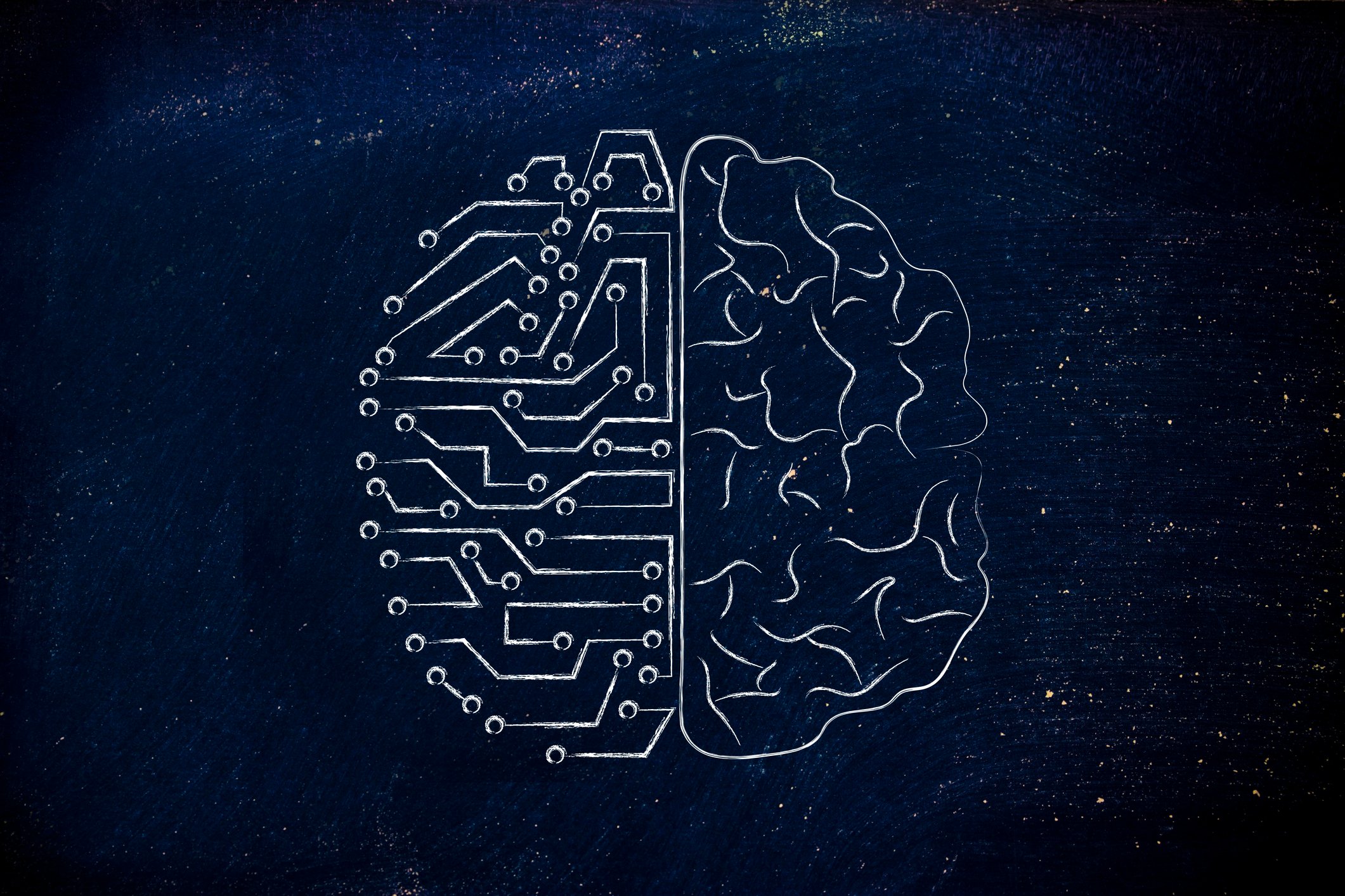 Graphic of a brain with one side being a circuit board.