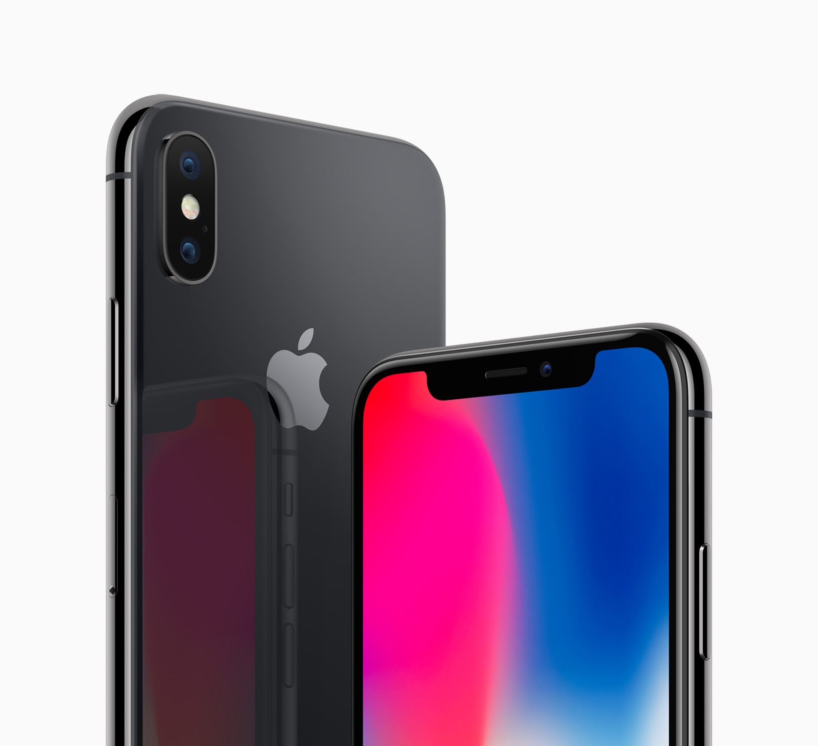 On the right is the back-side of the iPhone X in Space Gray. On the right is the front of the phone.