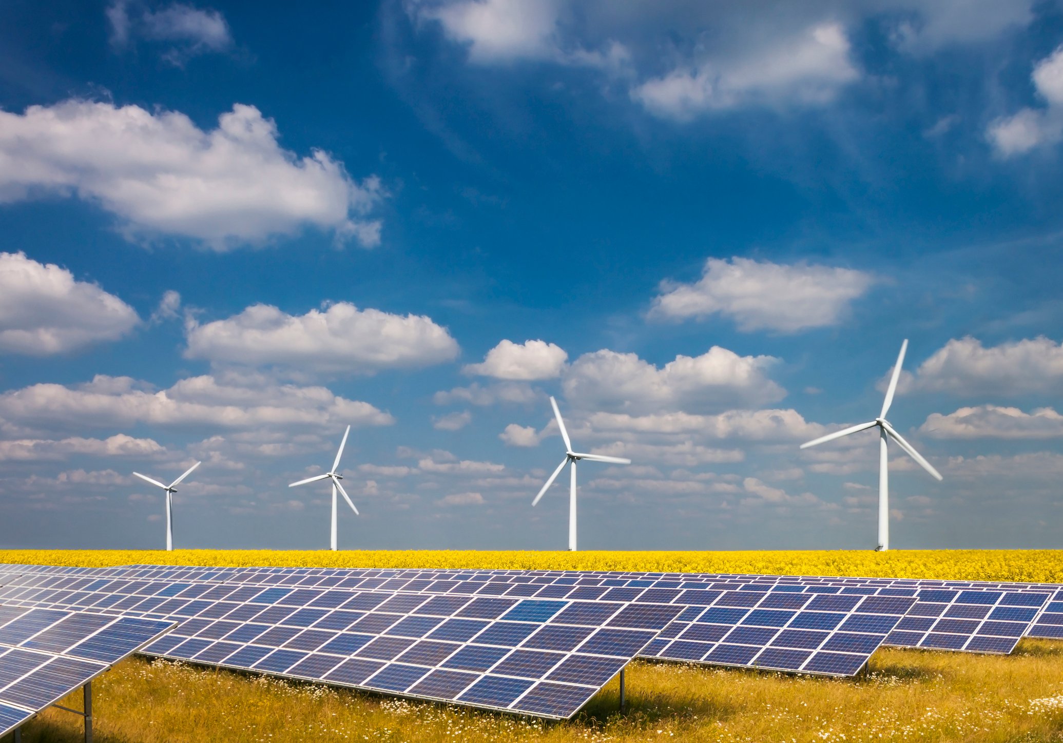 Solar farm with wind turbines in the background. 
