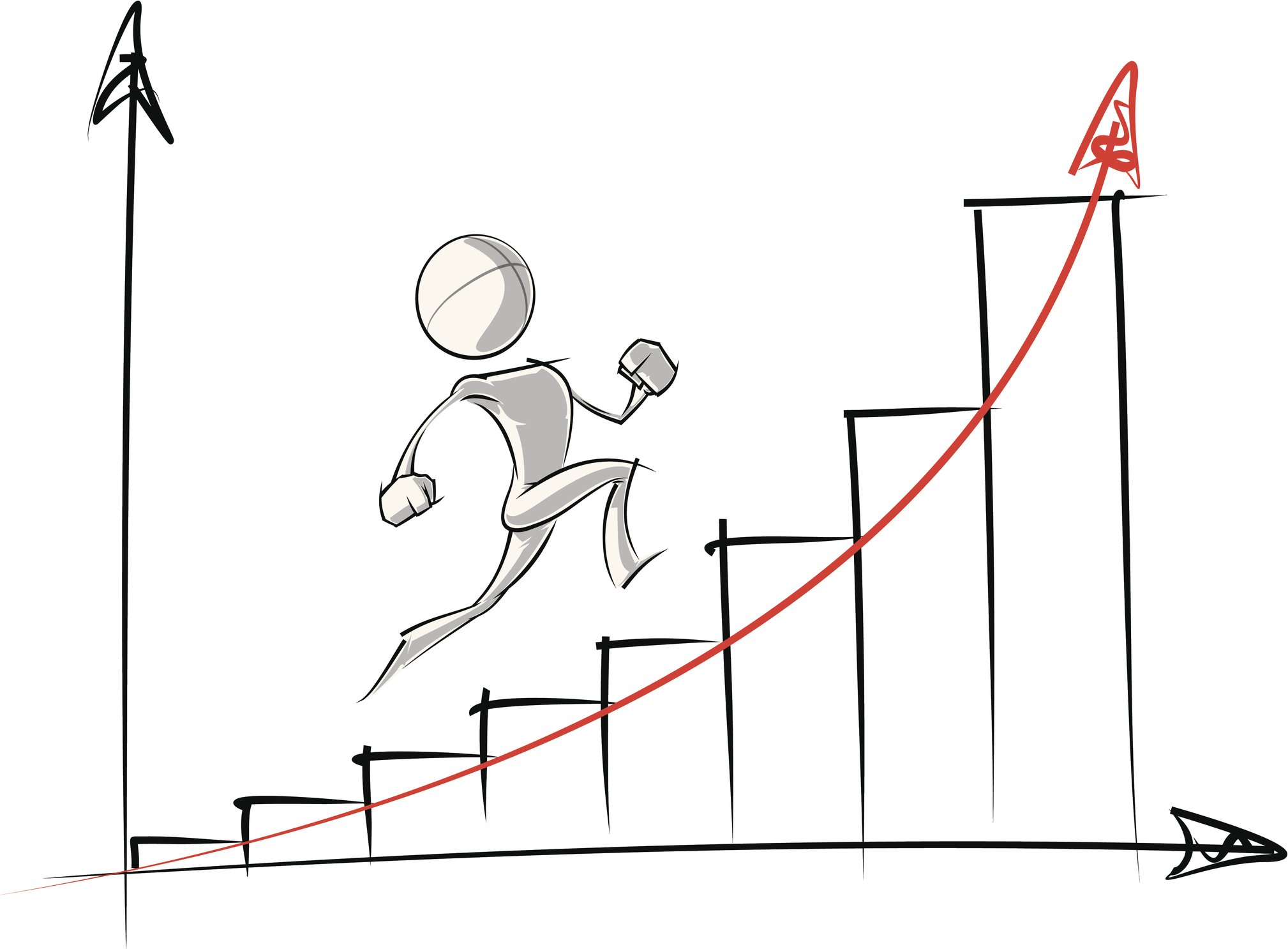 Cartoon character running up a chart showing exponential growth
