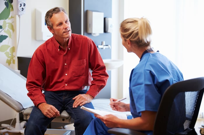 Doctor talking to patient in exam rooom