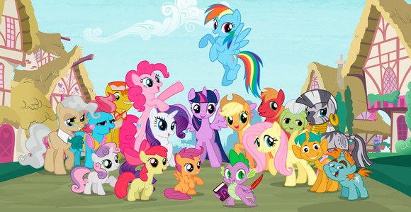 A colorful scene showing the Mane 6 and some supporting characters from My Little Pony: Friendship Is Magic.