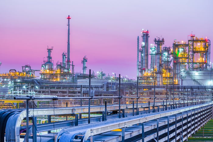 Oil refinery at dusk.