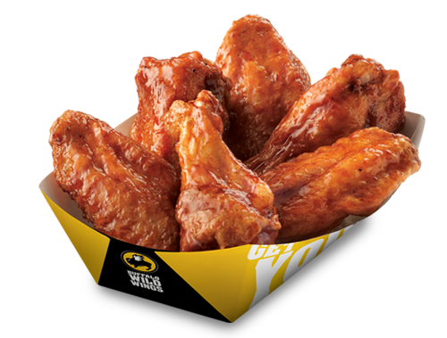 A basket of traditional bone-in chicken wings in a yellow Buffalo Wild Wings basket.