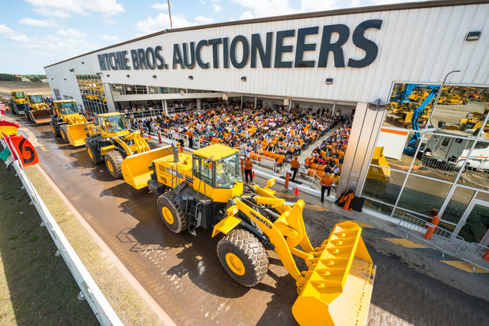 Line of heavy duty equipment in front of rows of bidders