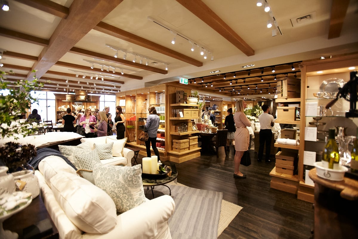 The inside of a beautifully decorated Pottery Barn store in Sydney, Australia.