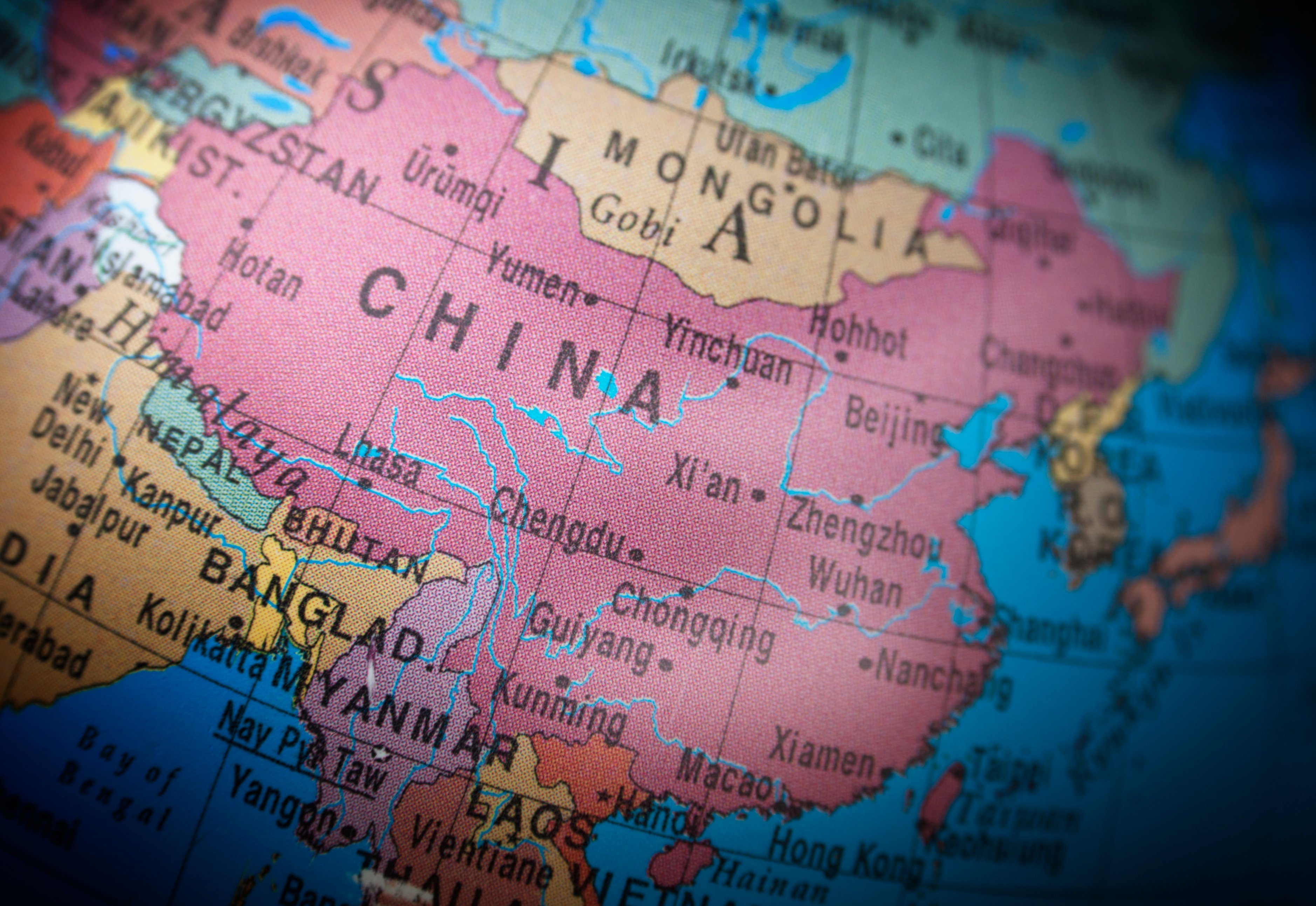 A picture of a world map showing the country of China.