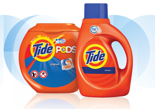 Two containers of Tide liquid detergent and Tide Pods