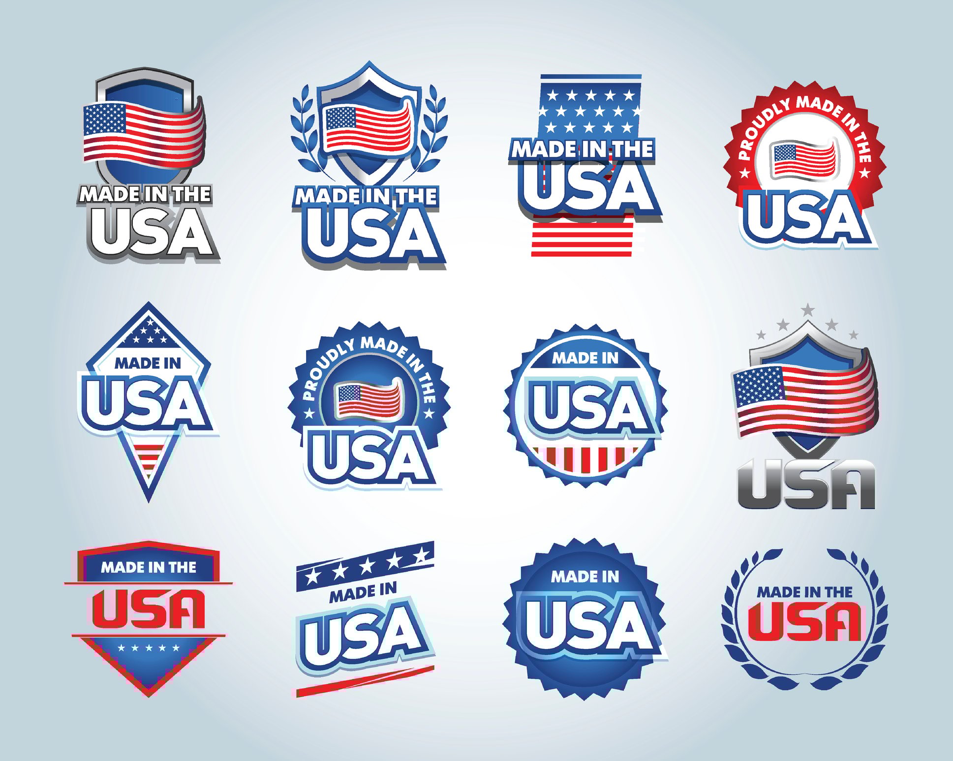 a collection of "made in USA" emblems