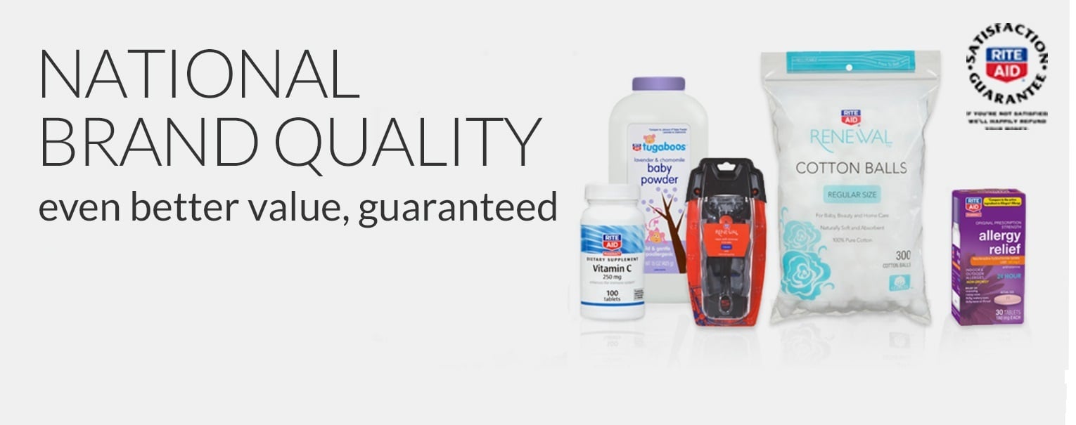 Ad featuring Rite Aid store brands for baby powder, vitamin C, cotton swabs, razors, and allergy medicine. 